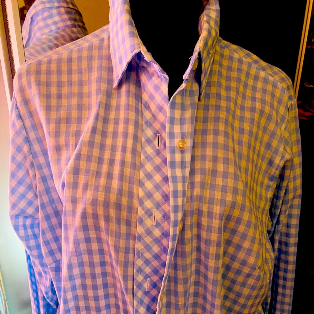 LADIES SEARS BLUE AND WHITE BUTTON DOWN FLANNEL SHIRT